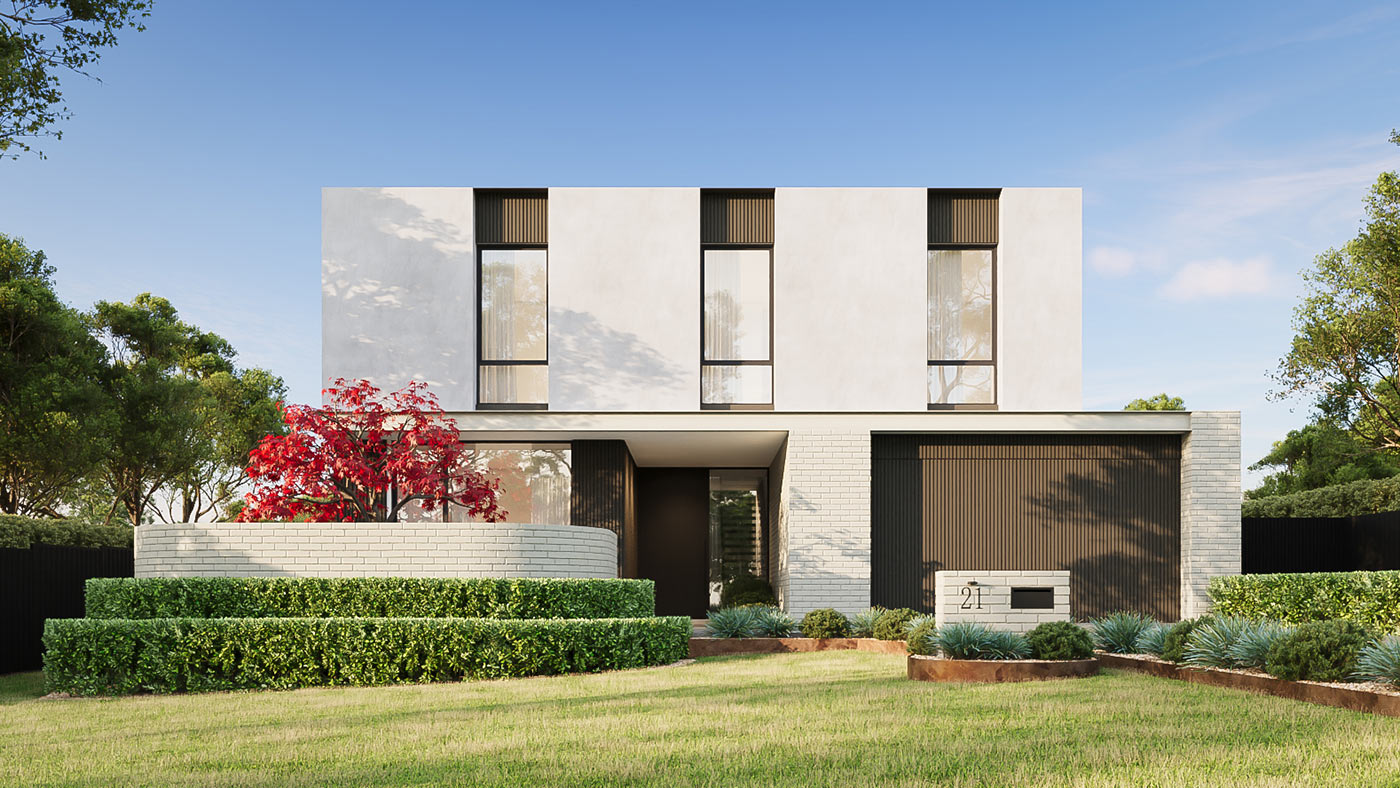Modern house with landscaped garden.