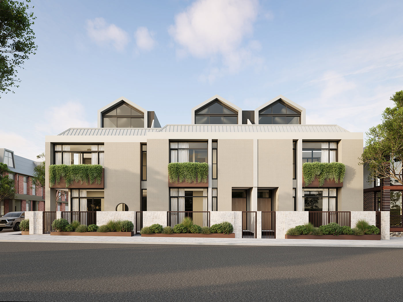 Modern house with landscaped entrance.