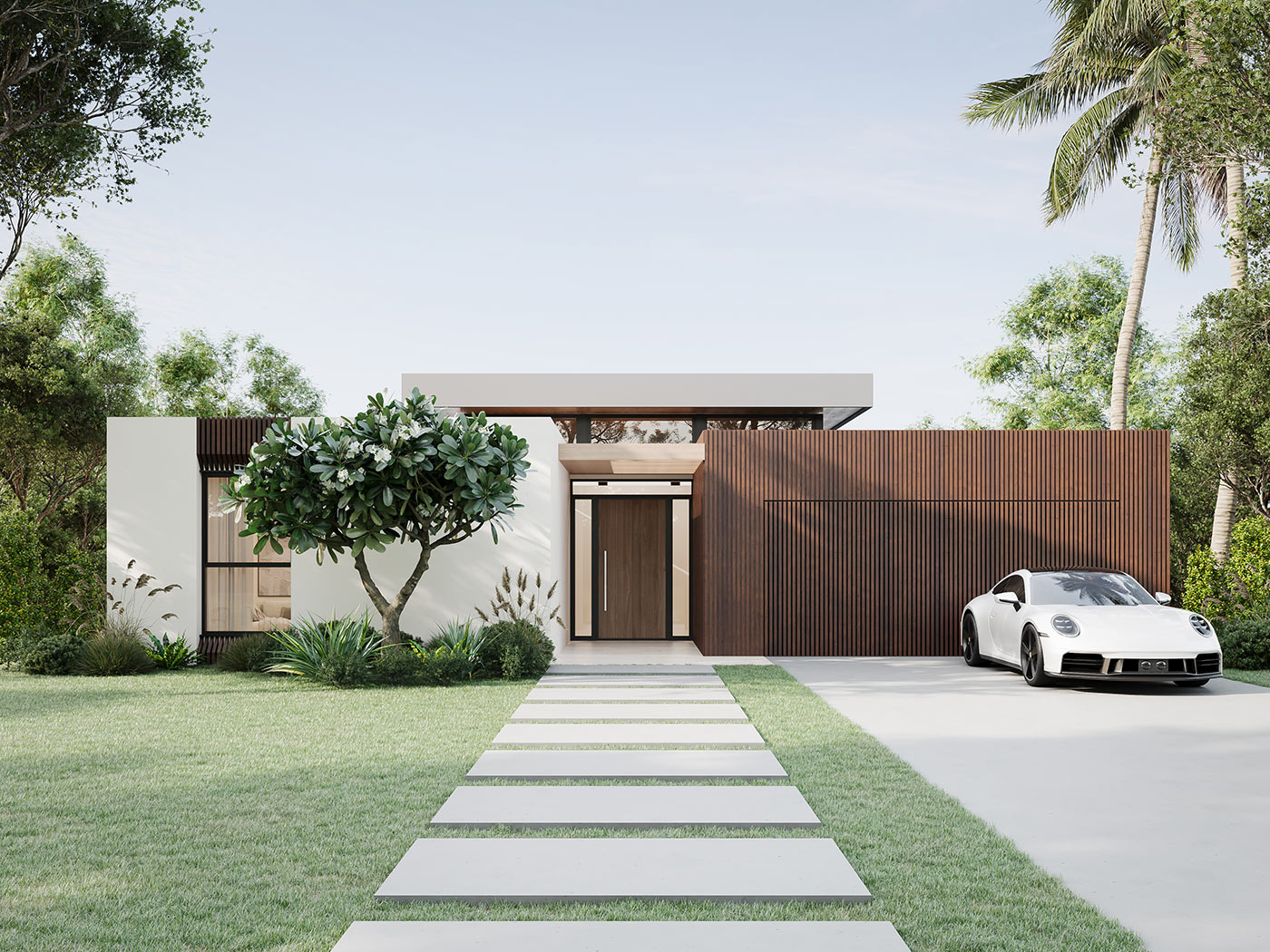 Modern house with landscaped entrance.