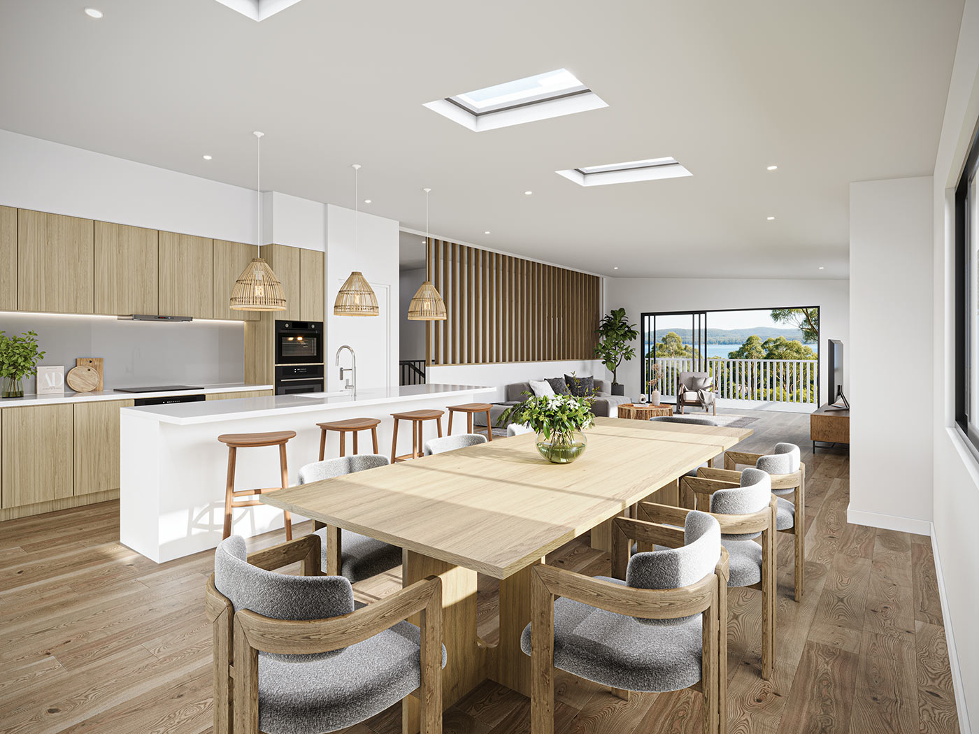Modern kitchen and dining area.