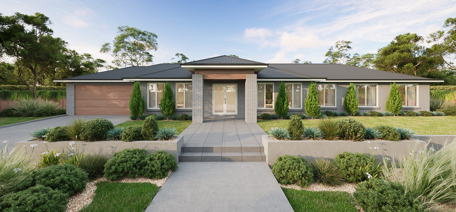 Modern house with landscaped garden.
