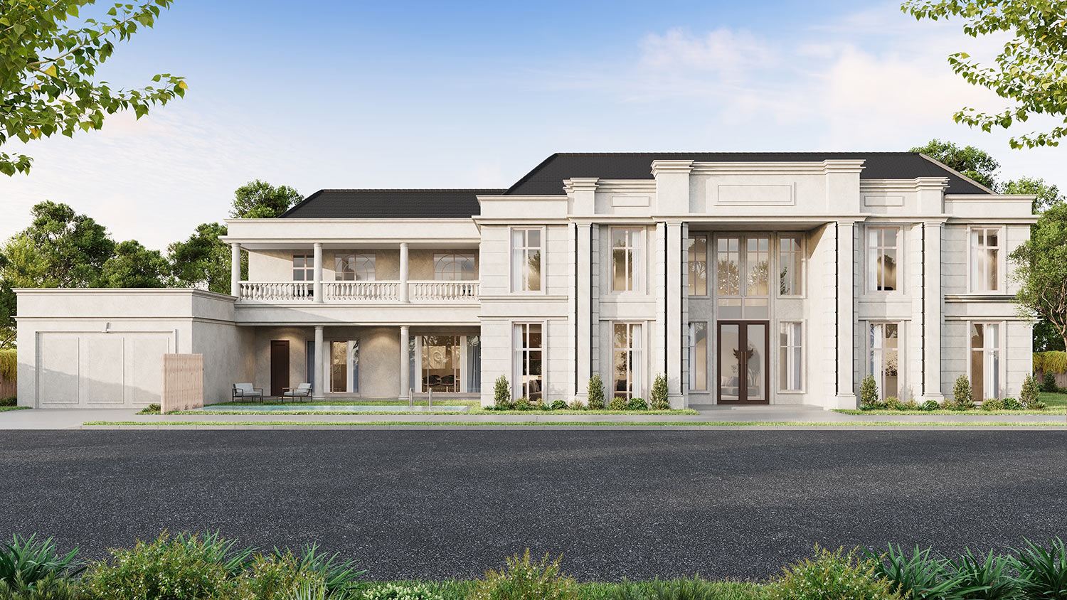 Elegant modern mansion with landscaped surroundings