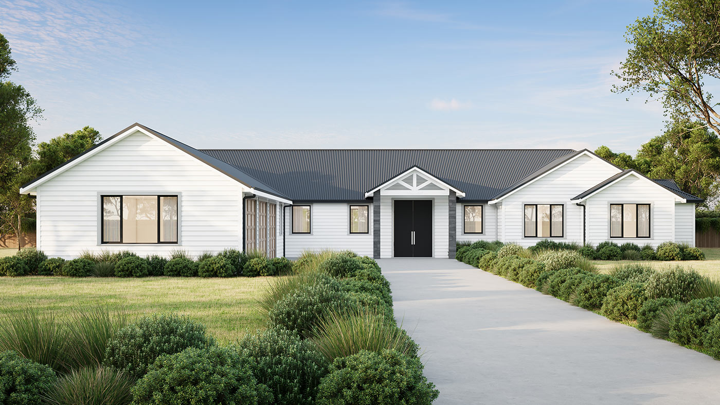 Modern house with landscaped surroundings.