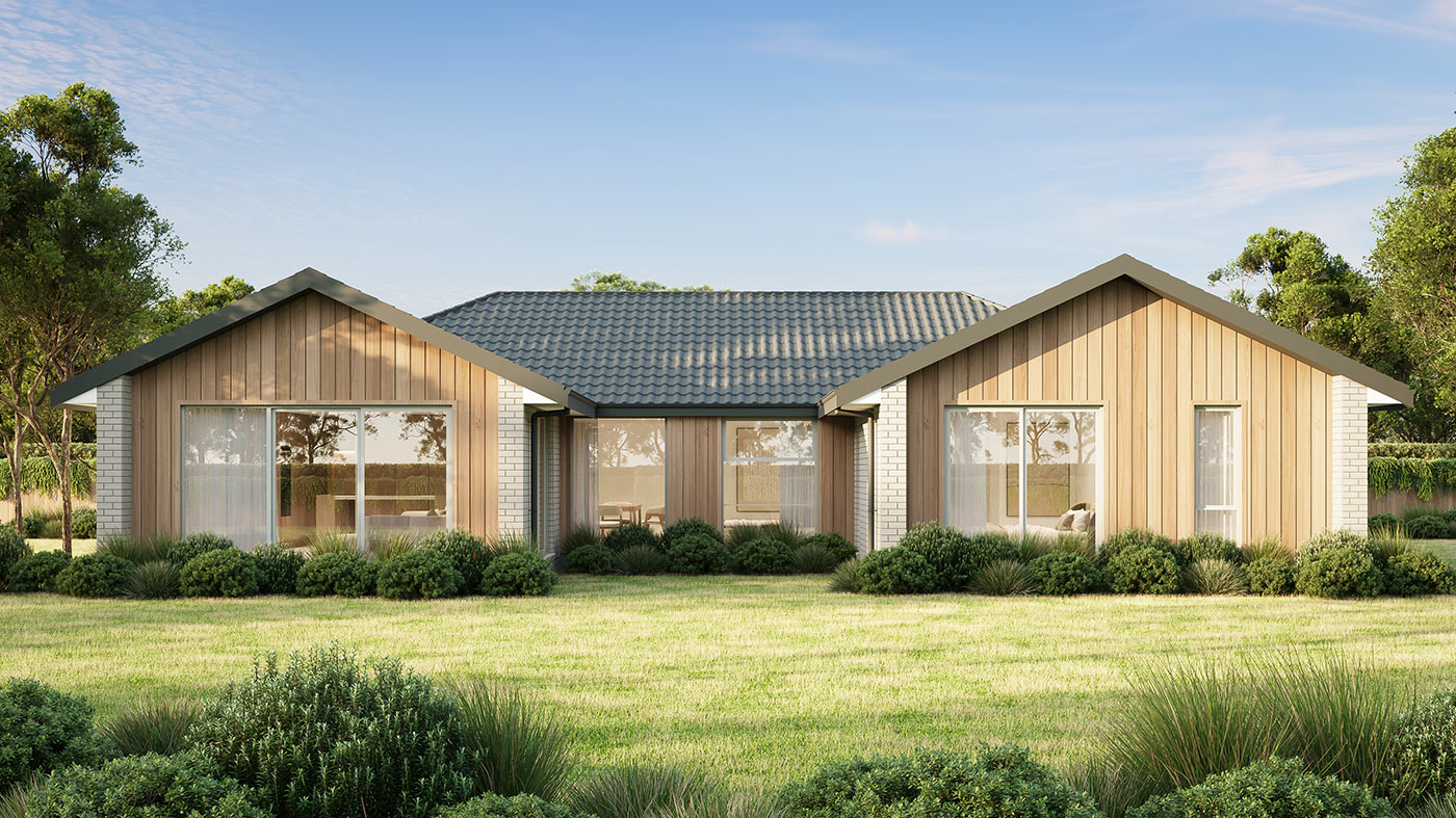 Modern house with landscaped surroundings.