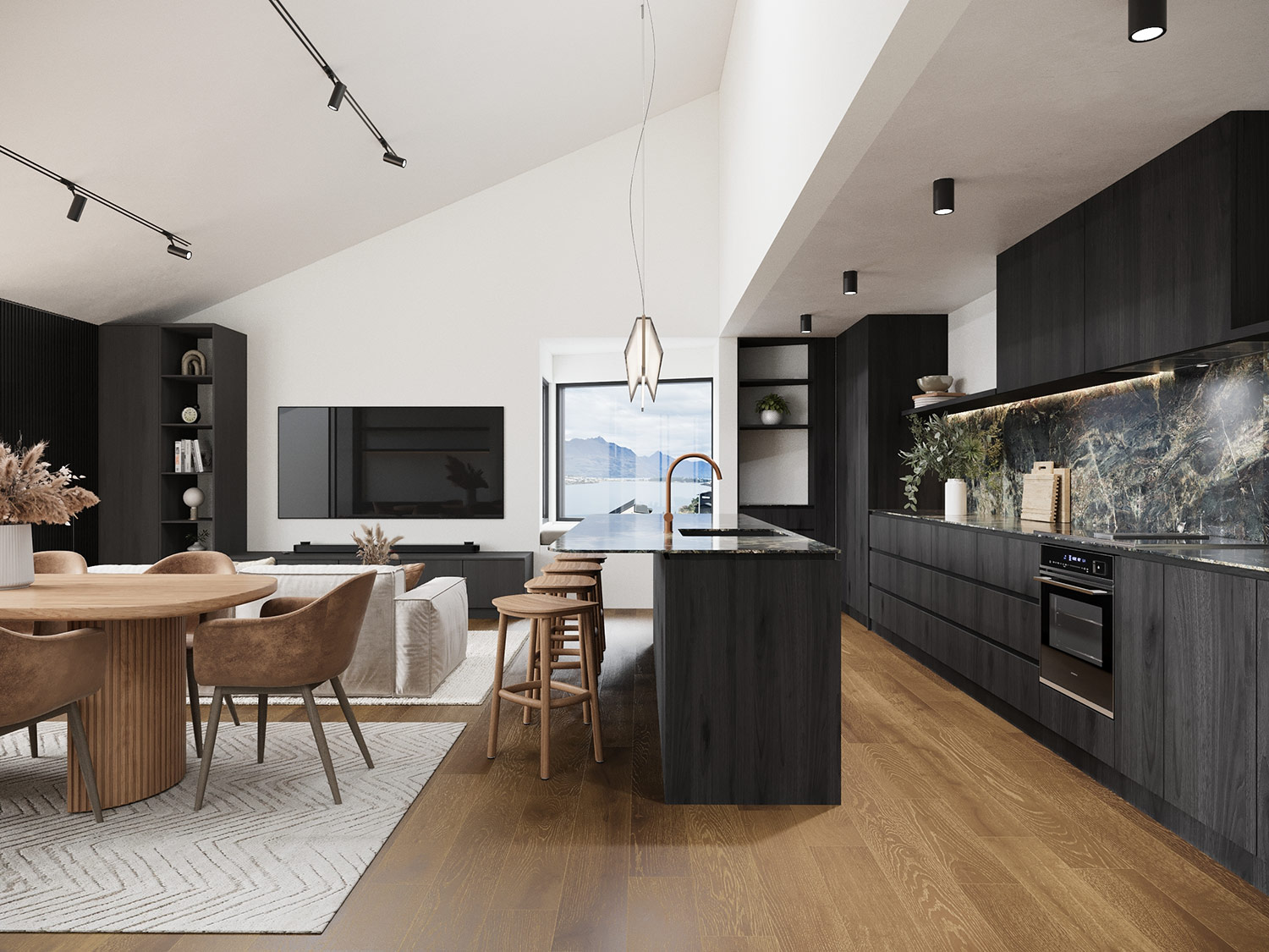 Modern living room with large windows